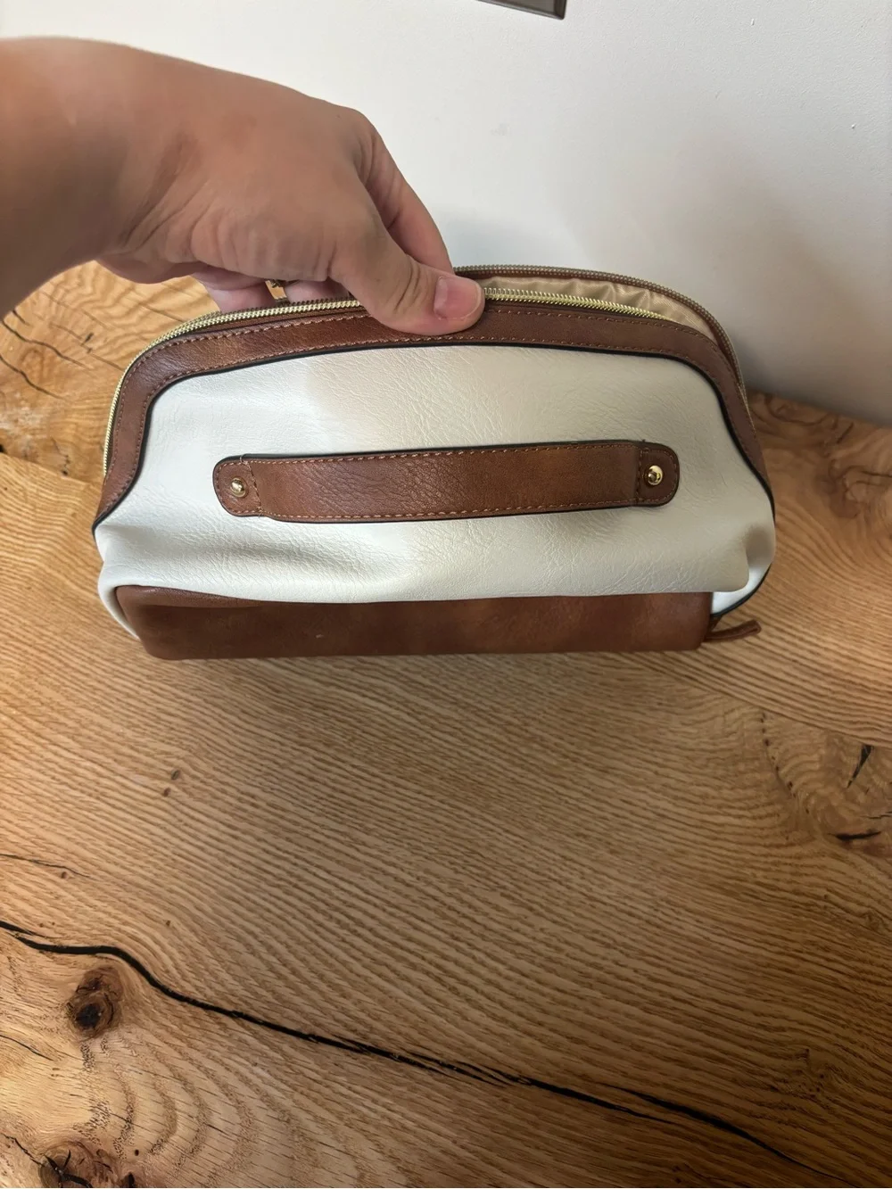 White and Brown Faux Leather Travel Cosmetic Case